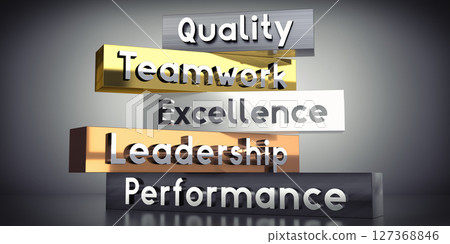 Quality, teamwork, excellence, leadership, performance - words on metal blocks - 3D illustration Quality, teamwork, excellence, leadership, performance - words on metal blocks - 3D illustration 127368846