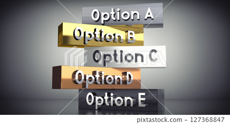 Option A, B, C, D, E - words on metal blocks - 3D illustration Option A, B, C, D, E - words on metal blocks - 3D illustration 127368847
