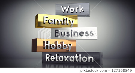 Work, family, business, hobby, relaxation - words on metal blocks - 3D illustration Work, family, business, hobby, relaxation - words on metal blocks - 3D illustration 127368849