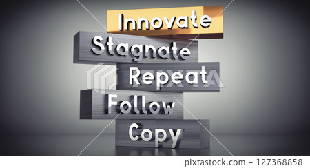 Innovate, stagnate, repeat, follow, copy - words on metal blocks - 3D illustration 127368858