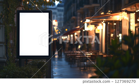 Blank Vertical Billboard on City Street and people at Night, advertising design 127369270