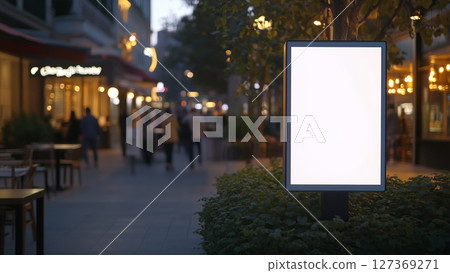 Blank Vertical Billboard on City Street and people at Night, advertising design 127369271
