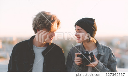Two friends stand on a rooftop, smiling and looking at each other during golden hour, World Photography Day concept 127369337