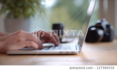 Professional photographer using laptop next to camera, and lenses, World Photography Day concept 127369338