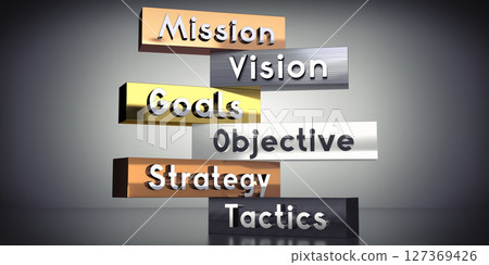 Mission, vision, goals, objective, strategy, tactics - words on metal blocks - 3D illustration 127369426