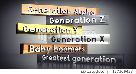 Generation Alpha, Generation Z, Generation Y, Generation X, Baby boomers, Greatest generation - 3D illustration Generation Alpha, Generation Z, Generation Y, Generation X, Baby boomers, Greatest generation - 3D illustration 127369438