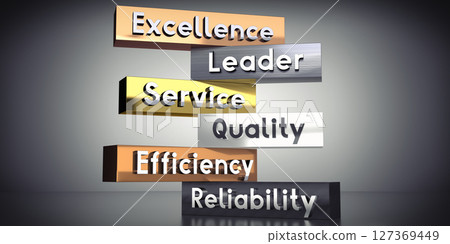 Excellence, leader, service, quality, efficiency, reliability - words on metal blocks - 3D illustration 127369449