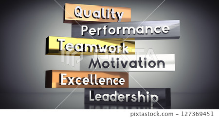 Quality, performance, teamwork, motivation, excellence, leadership - words on metal blocks - 3D illustration Quality, performance, teamwork, motivation, excellence, leadership - words on metal blocks - 3D illustration 127369451