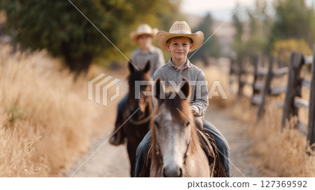 Children in cowboy hats ride ponies along a grassy trail, smiling in early morning light 127369592