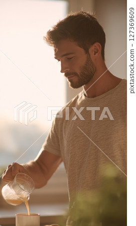 Man pouring coffee into a cup in a sunlit kitchen enjoying a moment of simple happiness 127369609
