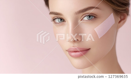 Young woman with lifting tape on face for overnight anti-aging skincare routine, modern skincare concept. 127369635