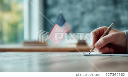 Hand writing notes on a wooden table with an American flag in the background for Labor Day Hand writing notes on a wooden table with an American flag in the background for Labor Day 127369662