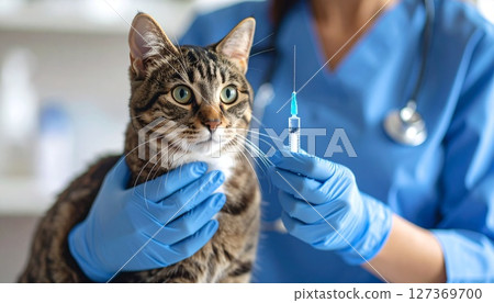 Cat getting vaccinated at veterinary clinic 4 127369700