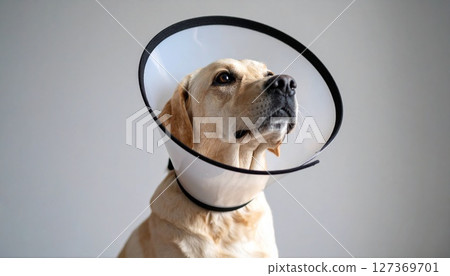 Expression of a small dog wearing an Elizabethan collar 1 127369701