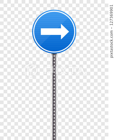 Blue road sign with a right arrow indicating direction on a clear background. Blue road sign with a right arrow indicating direction on a clear background. 127369901