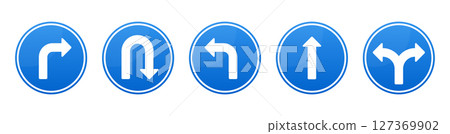 Various directional road signs, including turns, straight, and split directions 127369902
