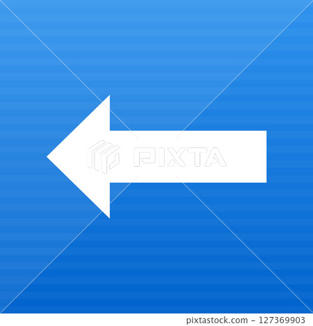 Directional arrow pointing left on bright blue background with gloss overlay 127369903