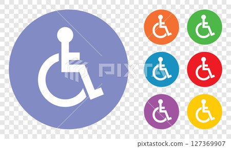 Wheelchair accessibility symbols in diverse colors indicate handicap access. 127369907