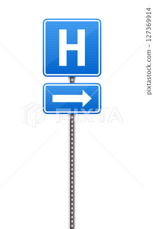 Blue hospital sign pointing to the right for hospital access, service 127369914