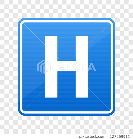 Blue square sign with white 'H' indicates healthcare or medical location Blue square sign with white 'H' indicates healthcare or medical location 127369915