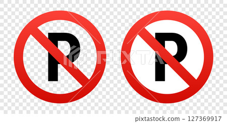 Two bright red and white no parking traffic signs displayed side-by-side. 127369917