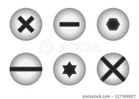 Variety of screw head types used in fastening and construction tools. Variety of screw head types used in fastening and construction tools. 127369927