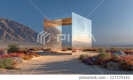 Minimalist stone cube structure in a surreal desert landscape near a calm sea 127370142