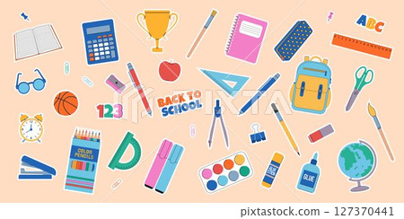 Back to school. School supplies sticker set. Vector illustration. 127370441