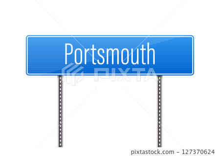 A blue sign indicating the direction to Portsmouth, a geographic location. 127370624