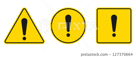 Yellow caution signs in triangular, circular and square shapes with symbols 127370664