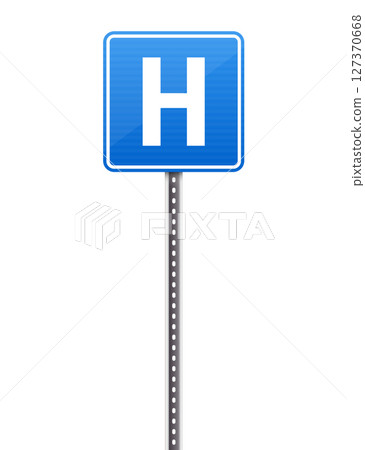 Blue and white sign with the letter H for help on a silver pole. Blue and white sign with the letter H for help on a silver pole. 127370668