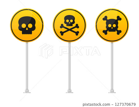 Set of three warning signs on metal posts depicting different skull icons. Set of three warning signs on metal posts depicting different skull icons. 127370679