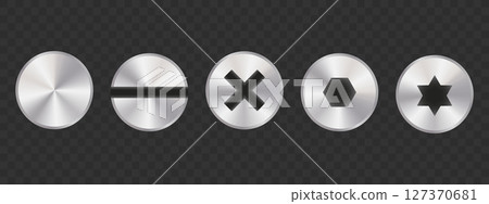 Diverse screw heads: Slotted, Phillips, hex, and star drive types displayed. 127370681