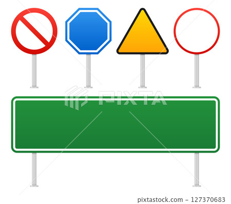 Variety of road signs for regulations, warnings and traffic information 127370683