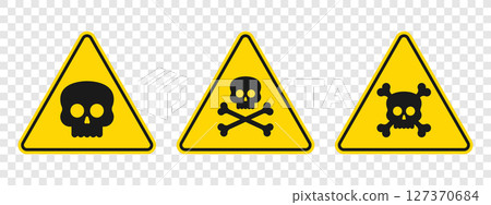 Multiple Yellow Hazard Warning Signs Featuring Skull and Crossbones Symbols 127370684