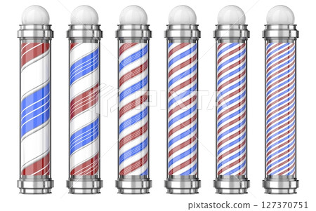 Classic barber shop poles with shiny metal elements and white ball - 3D illustration 127370751