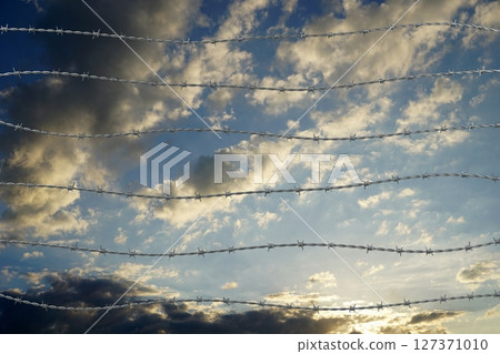 Barbed wire and sky in background - 3D illustration Barbed wire and sky in background - 3D illustration 127371010