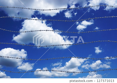 Barbed wire and sky in background - 3D illustration Barbed wire and sky in background - 3D illustration 127371013