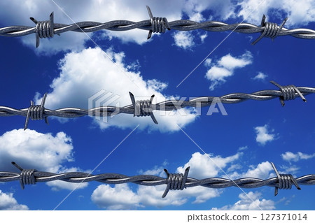 Barbed wire and sky in background - 3D illustration Barbed wire and sky in background - 3D illustration 127371014