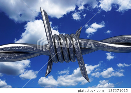 Barbed wire and sky in background - 3D illustration Barbed wire and sky in background - 3D illustration 127371015