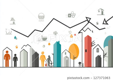 Inflation Arrow Disrupts Household Symbols, Highlighting Rising Cost of Living Amidst Varied Home Icons in a Minimalist Graphic Style Generative AI Inflation Arrow Disrupts Household Symbols, Highlighting Rising Cost of Living Amidst Varied Home Icons in a Minimalist Graphic Style Generative AI 127371063