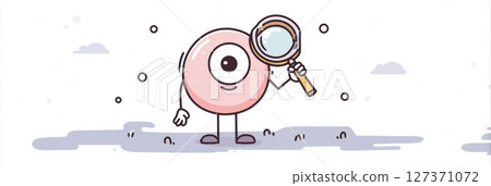 Stylized Eyeball Character Holding a Magnifying Glass in a Cartoon Style Exploring the Clear Upper Area in a Whimsical Setting 127371072