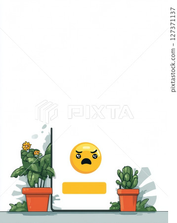 Website Error Screen Displaying a Frowning Emoji With Plants in Pots and Clear Right Zone Design 127371137