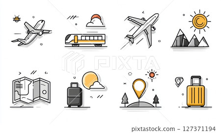 Travel Icons Representing Various Modes of Transportation and Destinations for Planning Adventures in Sunny Weather Generative AI Travel Icons Representing Various Modes of Transportation and Destinations for Planning Adventures in Sunny Weather Generative AI 127371194
