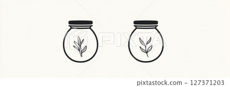 Elegant minimalist spice jar logo featuring delicate herbal elements in black and white showcasing modern and sophisticated branding aesthetics Elegant minimalist spice jar logo featuring delicate herbal elements in black and white showcasing modern and sophisticated branding aesthetics 127371203