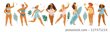Beautiful body positive women in swimsuits. Sexy fat girls with beach bikinis, female figures, self love, plus size happy people, vacations characters garish vector cartoon flat isolated set 127371214
