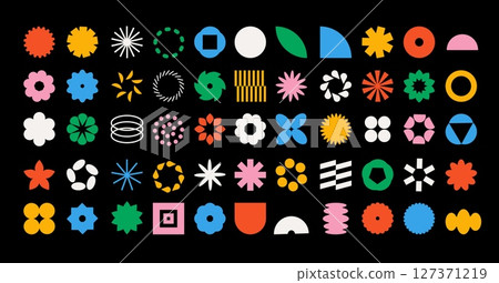 Brutal color shapes. Modern geometric forms, minimalist simple design, abstract primitive bright figures, bauhaus style, star flower and circle, isolated graphic elements, garish vector set Brutal color shapes. Modern geometric forms, minimalist simple design, abstract primitive bright figures, bauhaus style, star flower and circle, isolated graphic elements, garish vector set 127371219