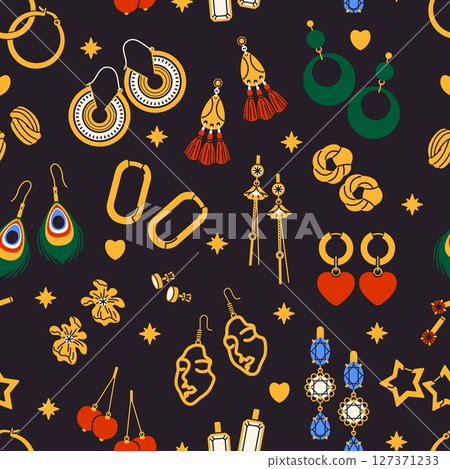 Cartoon jewelry seamless pattern. Repeat golden products with gems, jewellery accessories, stud earrings, pendants. Textile, wrapping paper, wallpaper. Print for fabric, tidy vector background 127371233