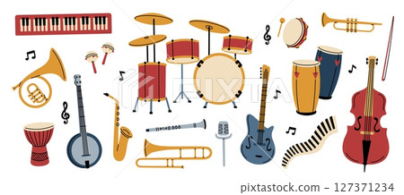 Cartoon musical instruments. Electric and acoustic tools, drums, guitars, wind, strings and percussion, melody creation elements. Classical and jazz music. Garish vector isolated set 127371234