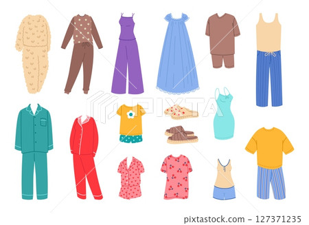 Cartoon sleepwear. Male and female nightwear, cozy home clothes for sleeping, warm pajamas, lightweight nightgowns, kids t-shirt and shirts, underwear and silk dress classy vector isolated set Cartoon sleepwear. Male and female nightwear, cozy home clothes for sleeping, warm pajamas, lightweight nightgowns, kids t-shirt and shirts, underwear and silk dress classy vector isolated set 127371235